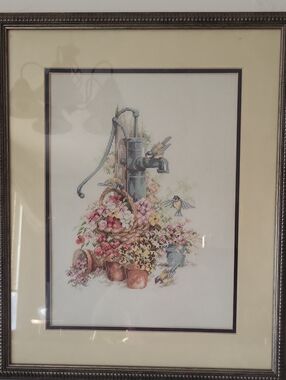Vintage Framed Lanarte Completed Cross Stitch Birds at Water Pump Willem Haenrae